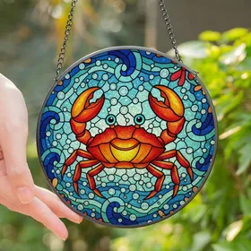 Ocean Lovers' Intricate Stained Glass Happy Crab Glowing Orange Red Yellow Aqua Blue Underwater Mosaic Stained Glass Suncatcher