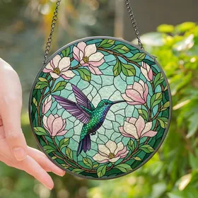 Nature Lovers' Jewel-Toned Hummingbird Magnolia Tiffany Stained Glass Mosaic Art Stained Glass Suncatcher
