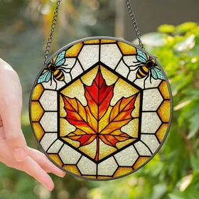 Nature Lovers' Radiant Stained Glass Autumn Maple Leaf Honeybee Hexagonal Mosaic Stained Glass Suncatcher