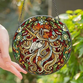 Fantasy Lovers' Vibrant Tiffany-Style Stained Glass Unicorn Autumn Celestial Jewel Tones Stained Glass Suncatcher
