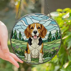 Beagle Lovers' Intricate Stained Glass Dog Art: Tricolor Beagle with Vibrant Tiffany Meadow Mosaic Stained Glass Suncatcher
