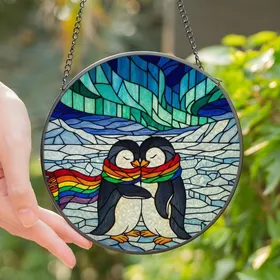 Animal Lovers' Tiffany Style Stained Glass Penguin Embrace Rainbow Scarf Jewel Tone Arctic Mosaic Stained Glass Suncatcher