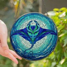 Ocean Lovers' Majestic Blue Green Stingray Tiffany Stained Glass Ocean Mosaic with Intricate Patterns Stained Glass Suncatcher
