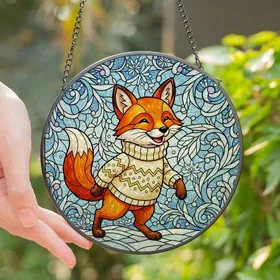 Nature Lovers' Vibrant Orange Fox Stained Glass Tiffany Style Frosty Winter Snowflakes Mosaic Stained Glass Suncatcher