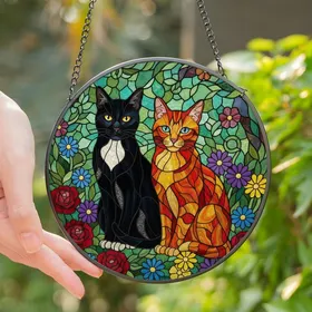 Cat Lovers' Tiffany Style Stained Glass Black & Orange Cats Vibrant Garden Floral Mosaic Stained Glass Suncatcher