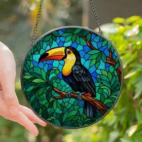 Tropical Art Lovers' Vibrant Tiffany Stained Glass Toucan Jungle Canopy Jewel Tones Stained Glass Suncatcher