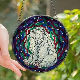 Festive Nature Lovers' 8K Tiffany Stained Glass Polar Bear Balancing Red Gift Jewel Tone Abstract Mosaic Stained Glass Suncatcher