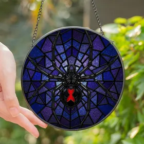 Mystique Lovers' Tiffany Style Stained Glass Black Widow Ruby Hourglass Geometric Web Mosaic Deep Jewel Tones Stained Glass Suncatcher