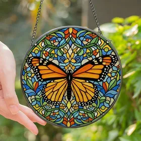 Nature Enthusiasts' Intricate Tiffany Stained Glass Monarch Butterfly Floral Jewel Tone Pattern Stained Glass Suncatcher