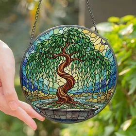 Nature Lovers' Emerald Green Tiffany Stained Glass Weeping Willow Bonsai & Organic Dappled Light Mosaic Stained Glass Suncatcher