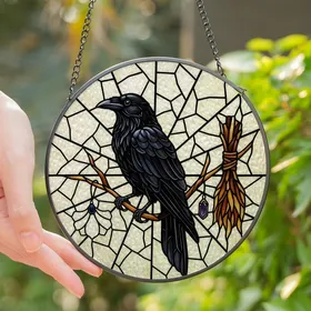 Mystical Art Admirers' Stained Glass Black Crow Witchy Broom Yellow Cream Mosaic Stained Glass Suncatcher