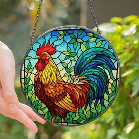 Rooster Enthusiasts' Vibrant Tiffany Stained Glass Rooster Mosaic Art, Lush Foliage, Bright Sky Stained Glass Suncatcher