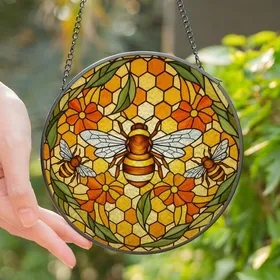 Art Lover's Jewel Tone Tiffany Stained Glass Hexagonal Honeycomb Bee Design Stained Glass Suncatcher
