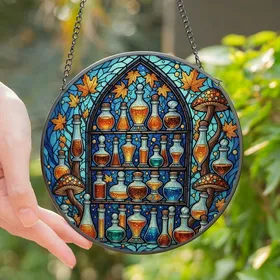 Fantasy Art Lovers Intricate Stained Glass Potion Bottles Gothic Arch Jewel Tones Magic Mosaic Stained Glass Suncatcher