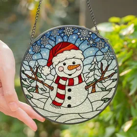 Holiday Enthusiasts' Cheerful Snowman Tiffany Stained Glass Art Red White Mosaic Winter Landscape Stained Glass Suncatcher