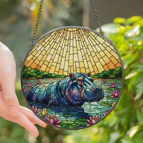 Nature Lovers' Iridescent Hippopotamus Stained Glass Water Lily Mosaic Stained Glass Suncatcher