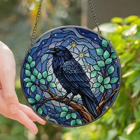 Art Lovers' Intricate Stained Glass Raven Twilight Mosaic Jewel Tones Teal Blue Violet Stained Glass Suncatcher