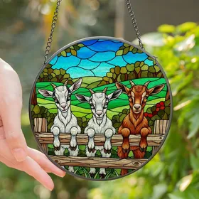 Goat Lovers' Tiffany Stained Glass Baby Goats Peeking Fence Mosaic Vibrant Green Hills Blue Sky Stained Glass Suncatcher