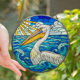 Coastal Enthusiasts' Vibrant White Pelican Stained Glass Art Ocean Mosaic Blue Teal Yellow Sun Stained Glass Suncatcher