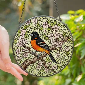 Bird Lovers' Edge-to-Edge Stained Glass Baltimore Oriole, Bright Orange & Pink Cherry Blossom Mosaic Stained Glass Suncatcher