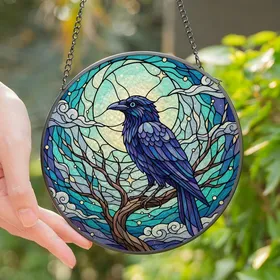Fantasy Art Fans' Tiffany Inspired Stained Glass Raven Celestial Twilight Jewel Tones Stained Glass Suncatcher