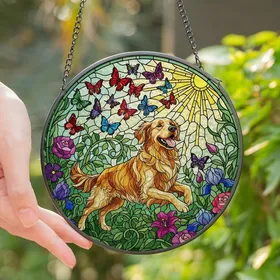 Golden Retriever Lovers' Vivid Tiffany Stained Glass Floral Mosaic Yellow Sunburst Art Stained Glass Suncatcher