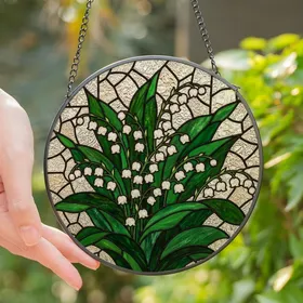 Nature Lovers' Luminous Tiffany Style Lily of the Valley Emerald Green Frosted Glass Mosaic Stained Glass Suncatcher