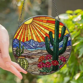 Desert Lovers' Tiffany Style Stained Glass Saguaro & Barrel Cactus Landscape Jewel Tone Mosaic Stained Glass Suncatcher