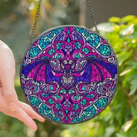 Art Nouveau Enthusiasts' Vibrant Tiffany Stained Glass Bat Mosaic Fuchsia Cyan Indigo Stained Glass Suncatcher
