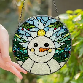 Holiday Decor Lovers' Cheerful Snowman Stained Glass Mosaic Bright White Yellow Orange Festive Winter Scene Stained Glass Suncatcher
