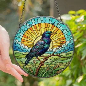 Nature Lovers' Jewel Tone Tiffany Stained Glass Starling Bird Sunburst Art Stained Glass Suncatcher