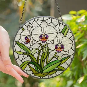 Floral Art Lovers' Glowing Tiffany Style Orchid Bloom Jewel Tone Mosaic Pattern Stained Glass Suncatcher
