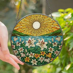 Floral Art Admirers' Tiffany Style Stained Glass White Lilies Sunburst Mosaic Radiant Jewel Tones Stained Glass Suncatcher
