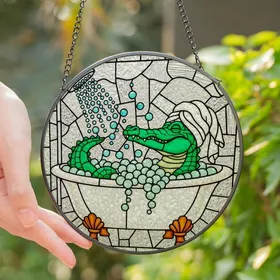Whimsical Art Lovers' Tiffany Stained Glass Emerald Alligator Bathtub Aqua Burnt Orange Stained Glass Suncatcher