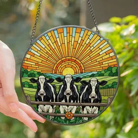 Farm Life Enthusiasts' Intricate Stained Glass Holstein Cow Sunset Meadow Jewel Tones Stained Glass Suncatcher