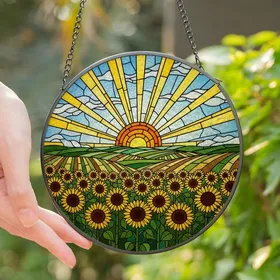 Nature Lovers' Stained Glass Tiffany Sunflowers Radiant Sun Landscape Mosaic Jewel Tones Stained Glass Suncatcher