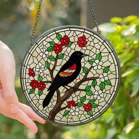 Nature Lovers' Vibrant Tiffany Stained Glass Red-Winged Blackbird Floral Mosaic Stained Glass Suncatcher