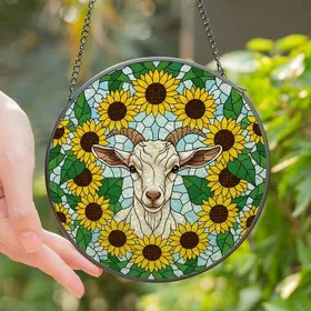 Nature Lovers' Full-Frame Tiffany Stained Glass Young White Goat, Sunflower Floral Mosaic, Yellow Green Tones Stained Glass Suncatcher