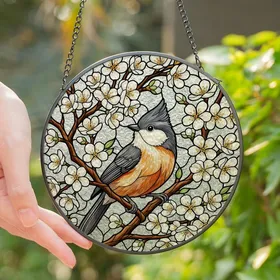 Nature Lovers' Intricate Stained Glass Tufted Titmouse Blossom Tiffany Mosaic Stained Glass Suncatcher
