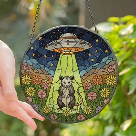 Whimsical Art Lovers' Vibrant Tiffany Glass Opossum UFO Wildflower Starry Night Mosaic Stained Glass Suncatcher