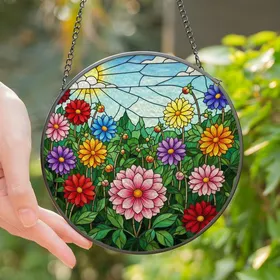 Art & Garden Lovers' Intricate Stained Glass Dahlia Mosaic Jewel Tone Artwork Stained Glass Suncatcher