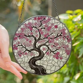 Women's Detailed Tiffany Style Cherry Blossom Tree Vibrant Pink Blush Luminous Gray Floral Mosaic Stained Glass Suncatcher