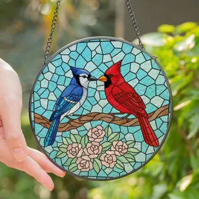 Nature Lovers' Intricate Tiffany Stained Glass Blue Jay Cardinal Mosaic Jewel Tones Stained Glass Suncatcher