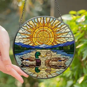 Nature Lovers' Tiffany Style Stained Glass Mallard Ducks Emerald Green Golden Sun Mosaic Stained Glass Suncatcher