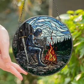 Medieval Enthusiasts' Tiffany Style Stained Glass Solitary Knight Blue Silver Armor Campfire Mosaic Stained Glass Suncatcher