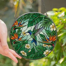Nature Lovers' Tiffany Style Stained Glass Hummingbird Emerald Blue Orange Mosaic Stained Glass Suncatcher