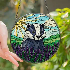 Nature Lover's Vibrant Tiffany Stained Glass Badger Lavender Field & Blue Sky Art Stained Glass Suncatcher