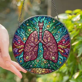 Art Enthusiasts' Vibrant Tiffany Stained Glass Lung Motif Mosaic Jewel Tones Edge-to-Edge Stained Glass Suncatcher