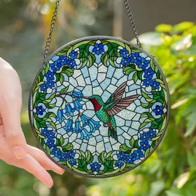 Nature Lovers' Vibrant Jewel Tone Stained Glass Hummingbird Art, Intricate Blue Floral Mosaic Pattern, Edge-to-Edge Tiffany Style Stained Glass Suncatcher
