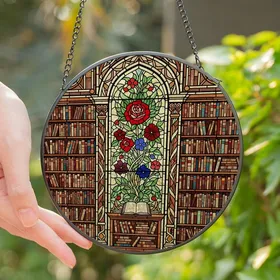 Book Lovers' Ornate Stained Glass Grand Library Rose Bookshelves Jewel Tone Design Stained Glass Suncatcher
